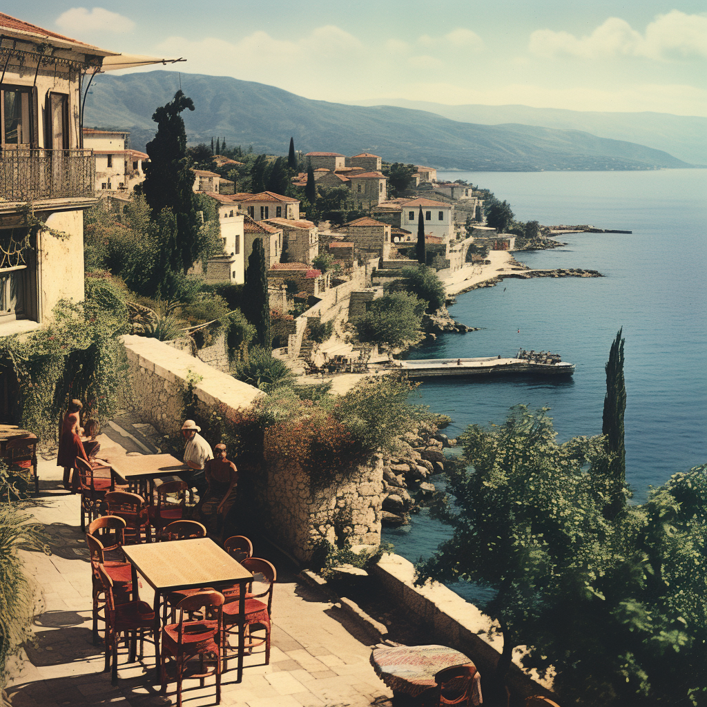 Vintage postcard of a coastal Turkish town with charming eatery overlooking bay