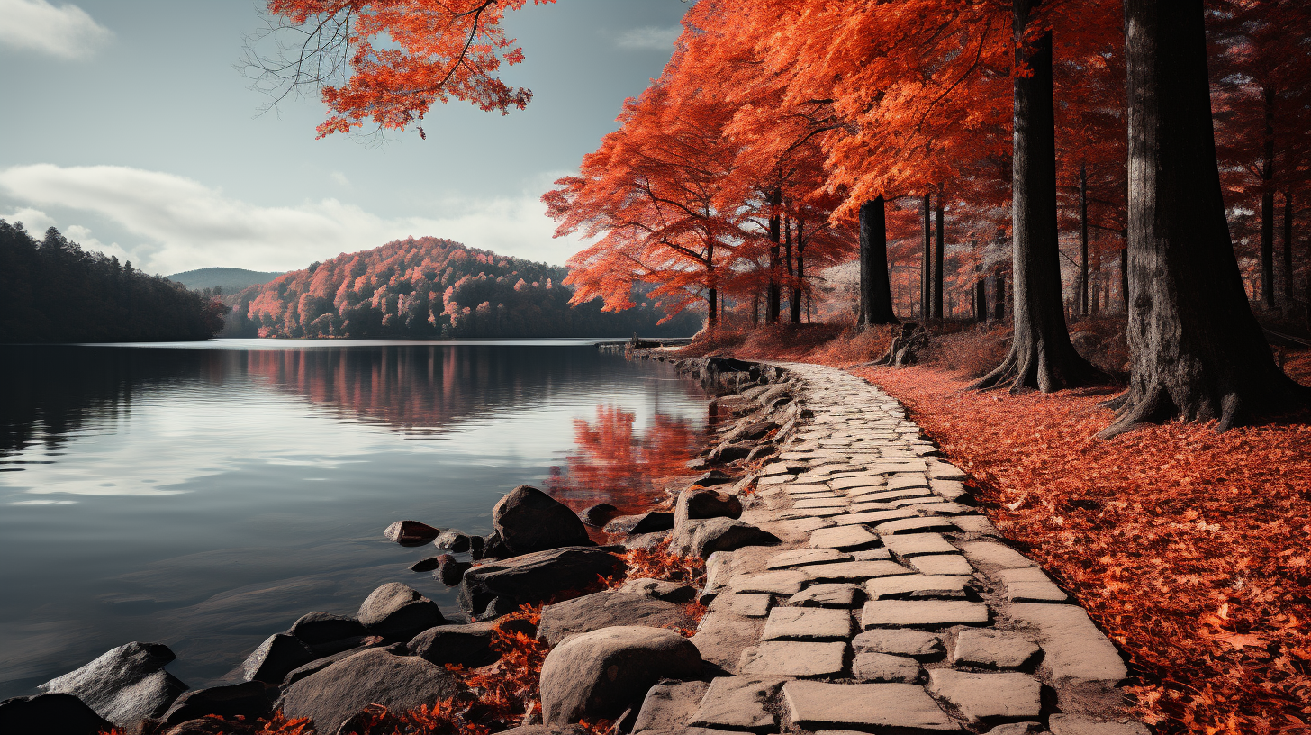 Cobblestone path around mountain lake with abstract neon