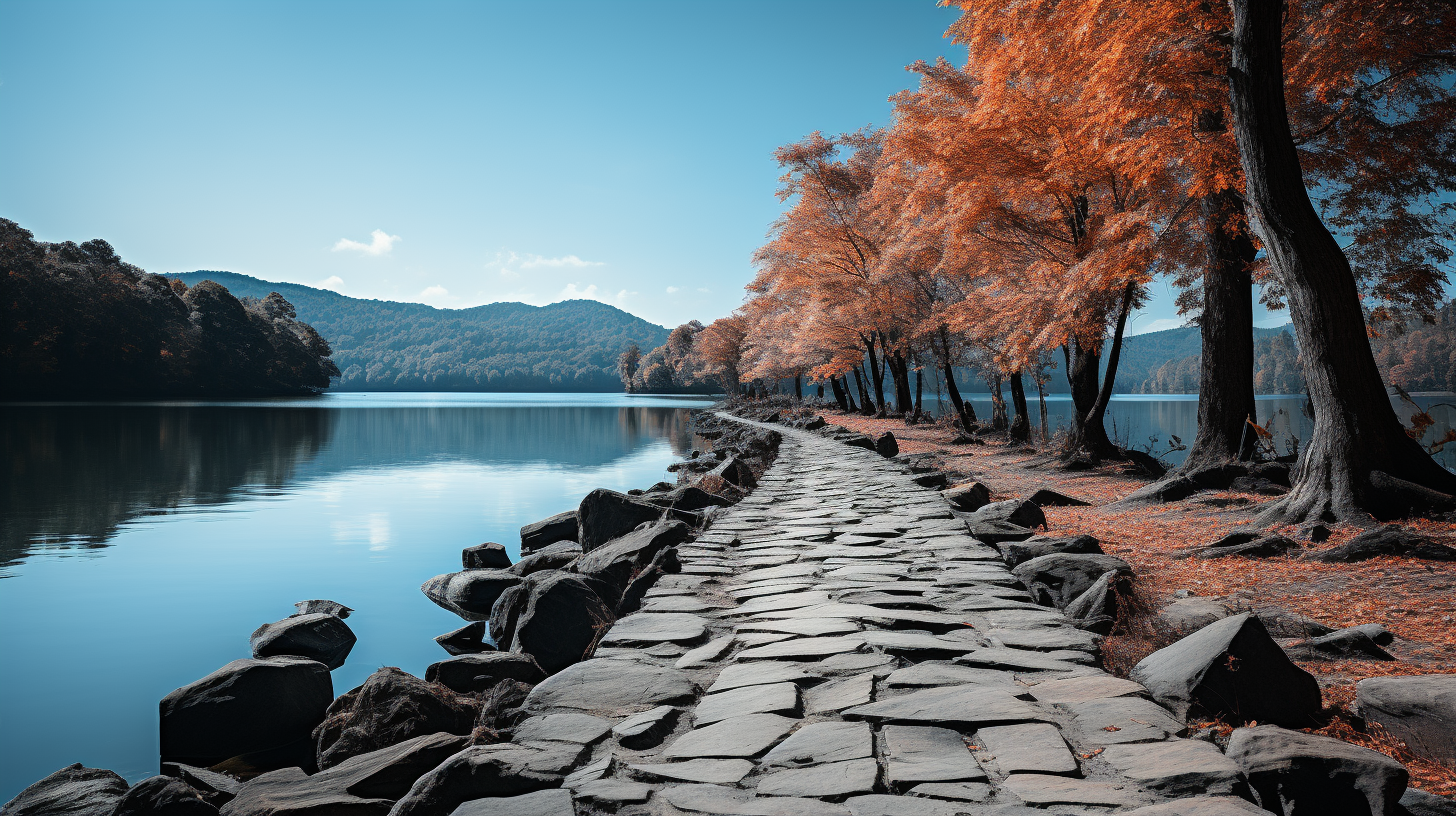 Beautiful cobblestone path around mountain lake