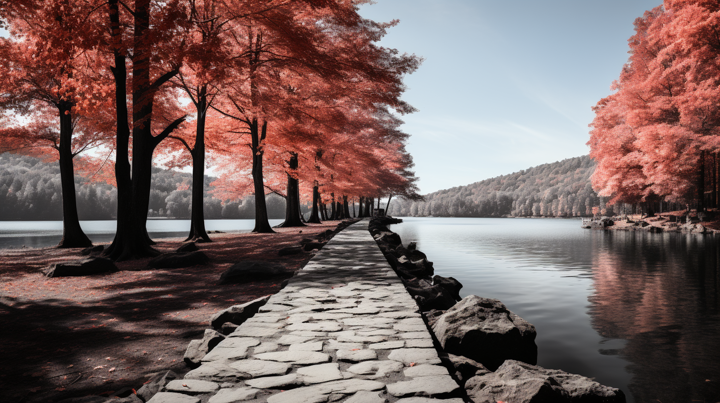 Beautiful cobblestone path surrounding a mountain lake