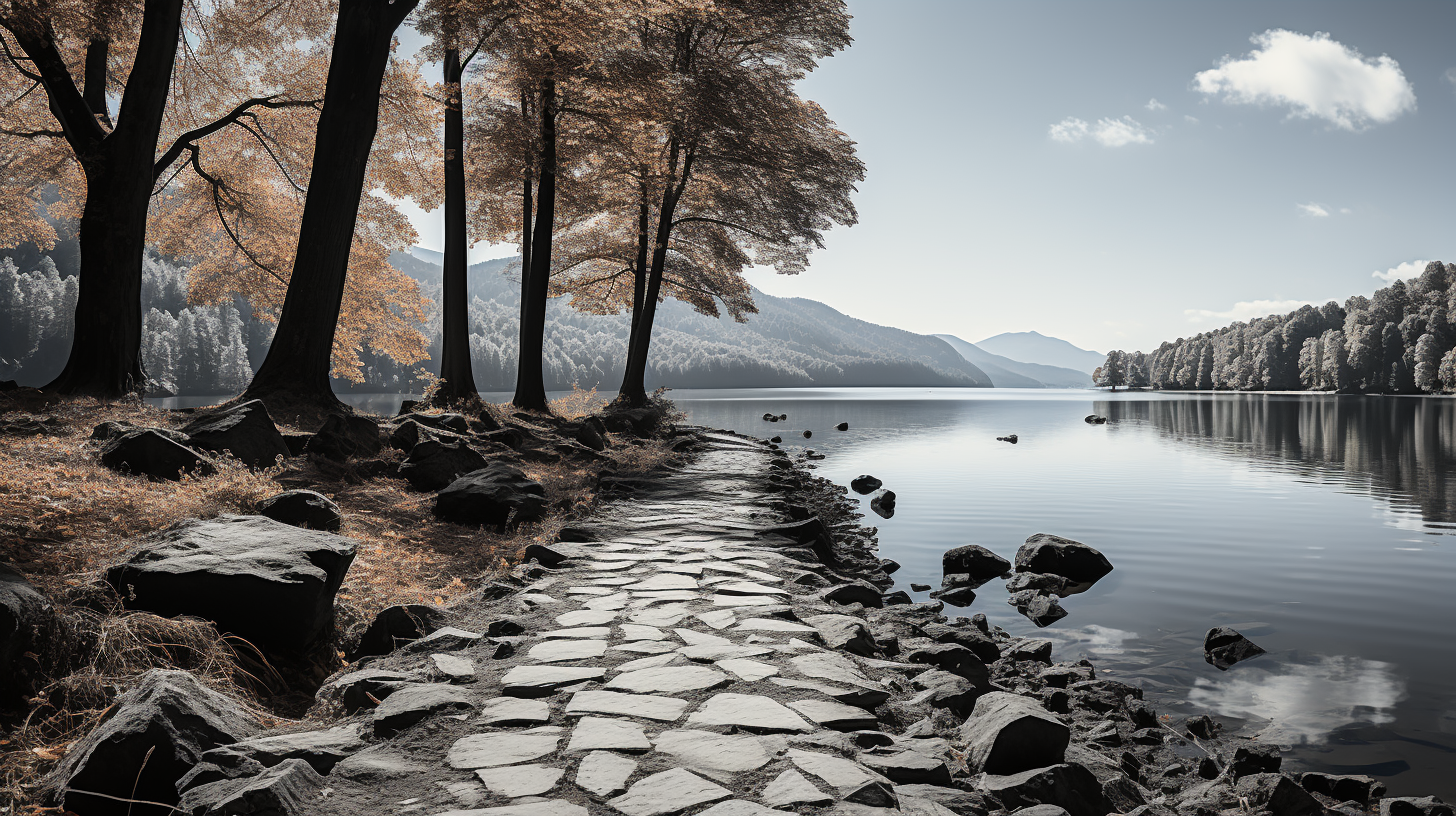 Cobblestone path around mountain lake