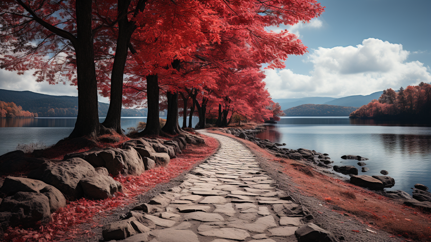 Beautiful cobblestone path around mountain lake