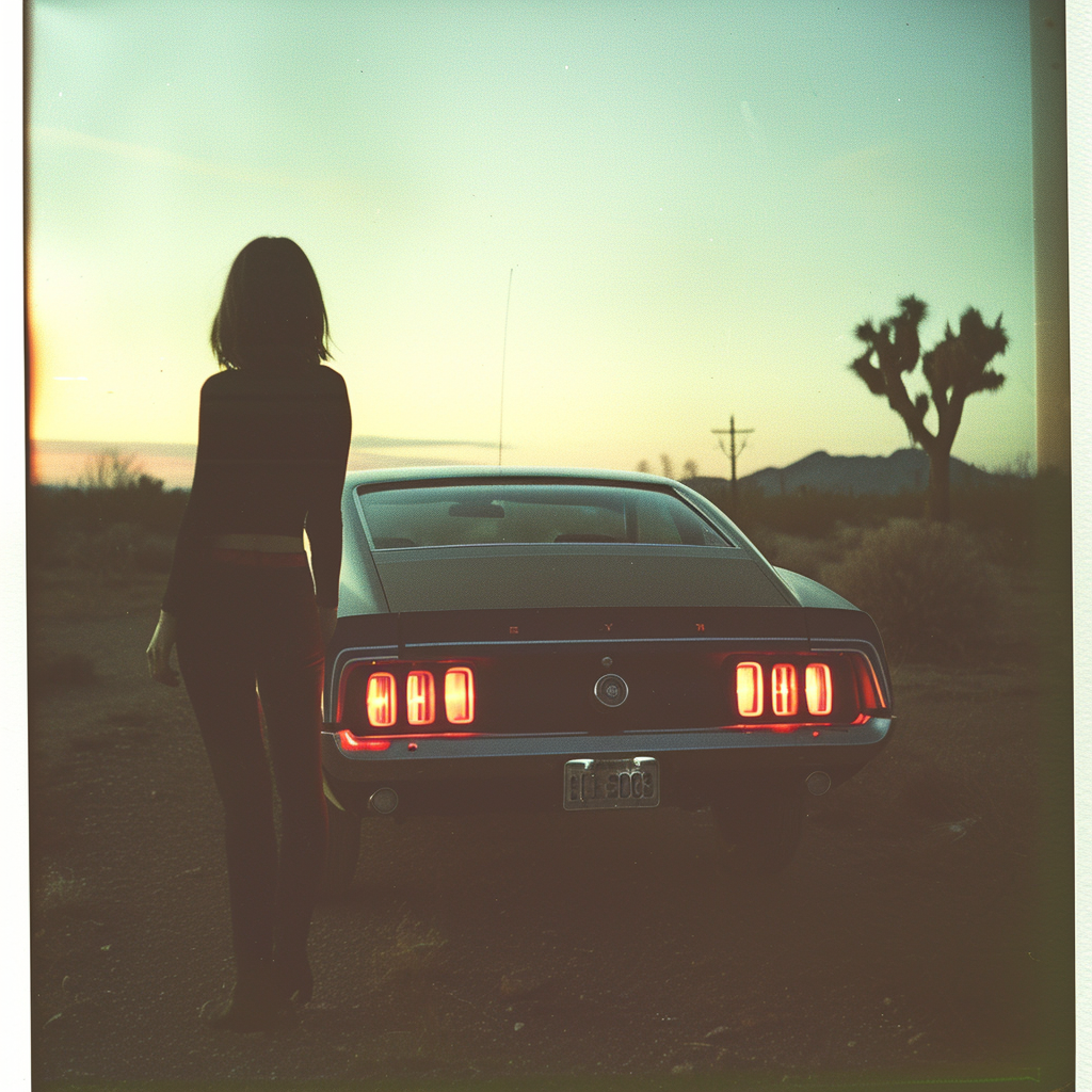 American woman with 1970 Cobra Mustang in Arizona desert