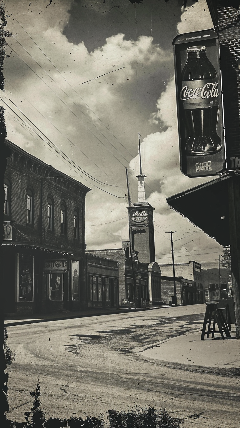 Black and white photo of a Coca-Cola billboard in a small town street