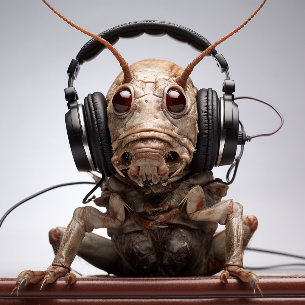 Cockroach wearing headphones in Tim Burton style