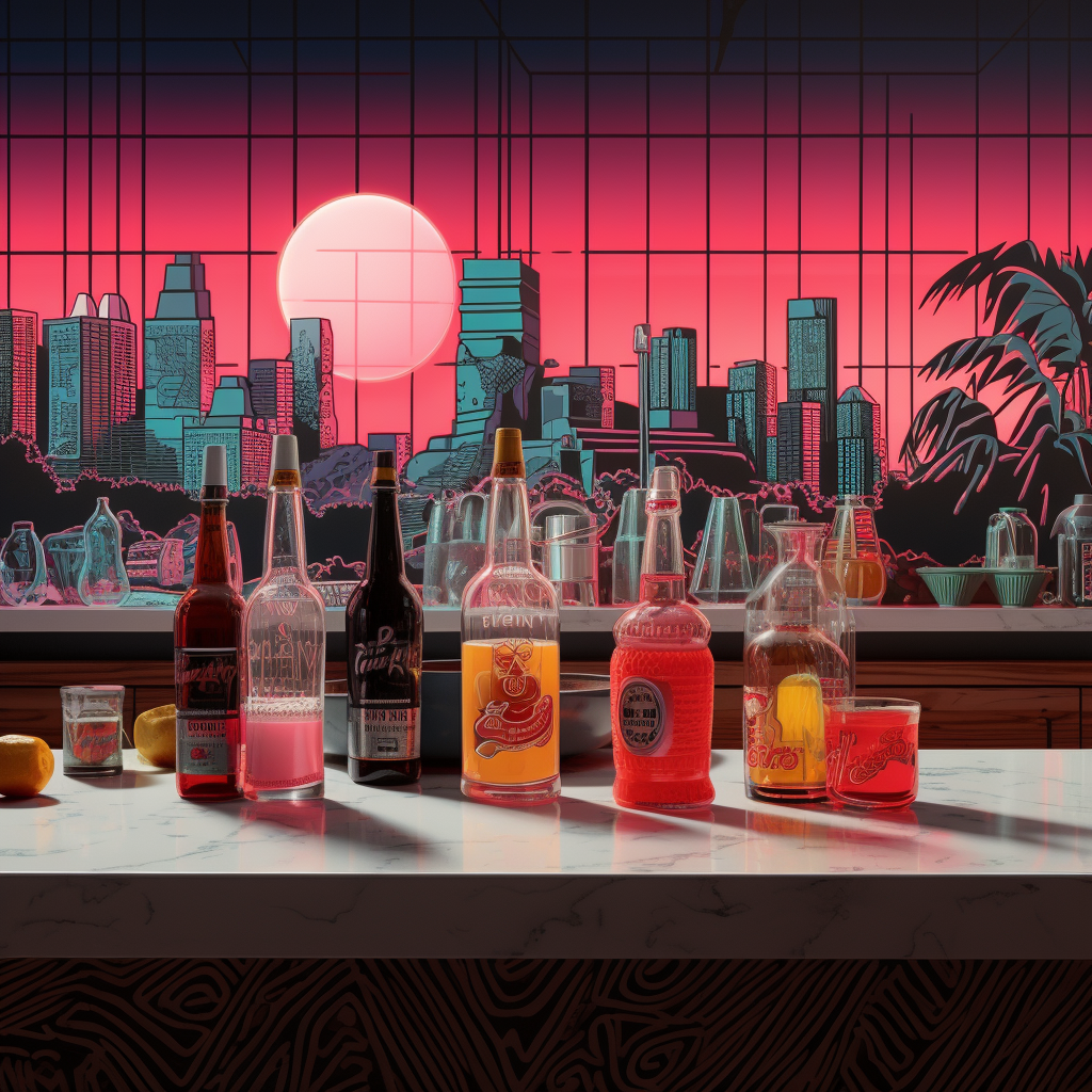 Cocktails and Beer Bottles on Bar Top with Neon Pink Wall