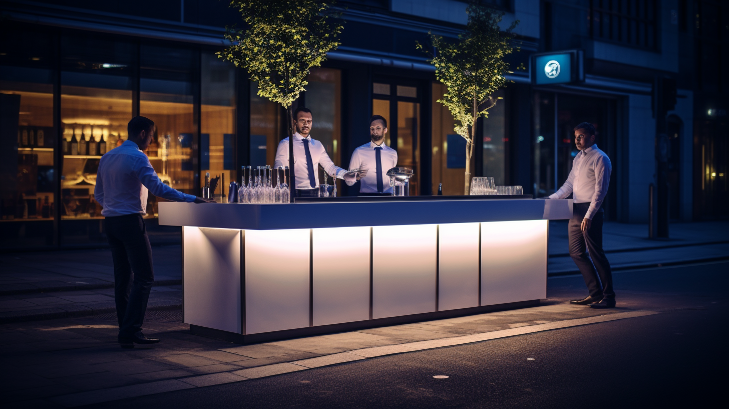 Three bartenders behind a sleek cocktail counter