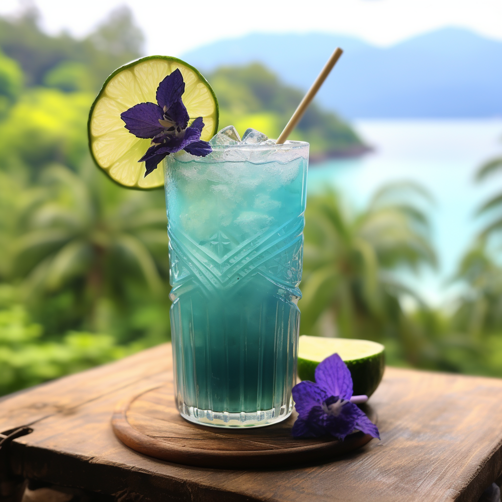 Blue Hawaii Cocktail with Tropical Landscape