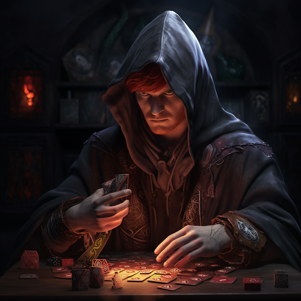 Cocky nerdy mage holding glowing playing cards