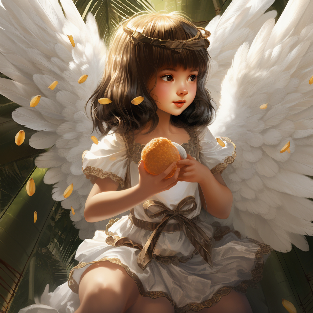 Little girl with wings eating coconut