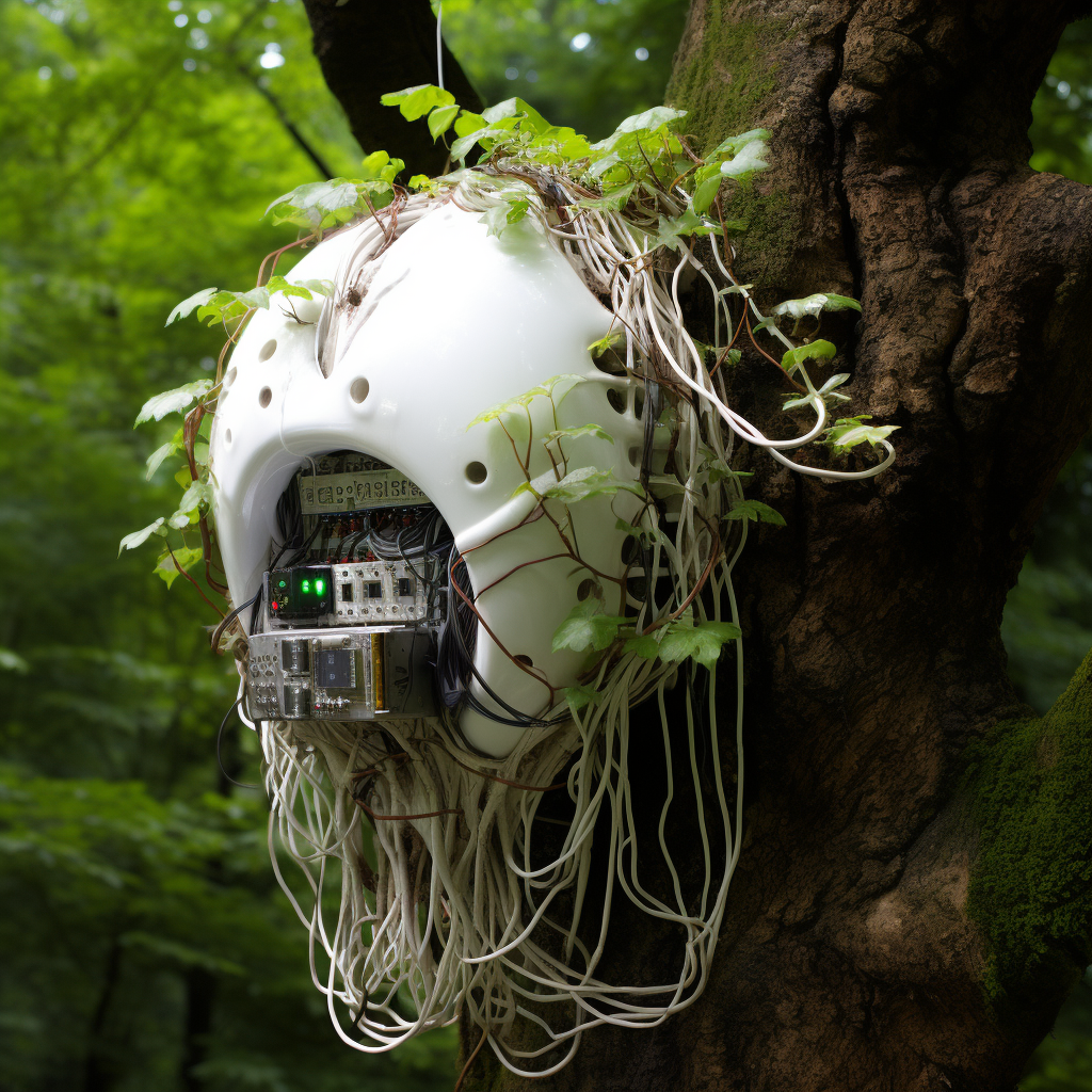 IT hardware and internet cables cocoon on a tree branch