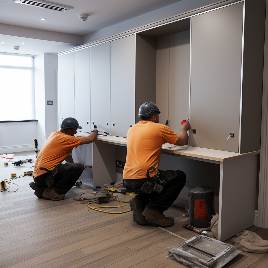 Workers installing coffee corner in office