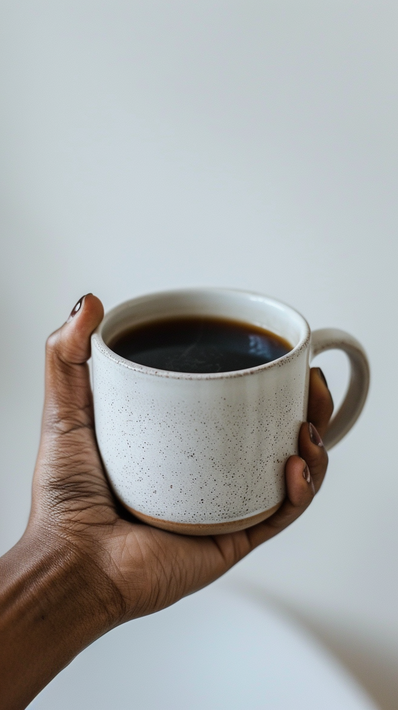 Hand with coffee cup on table