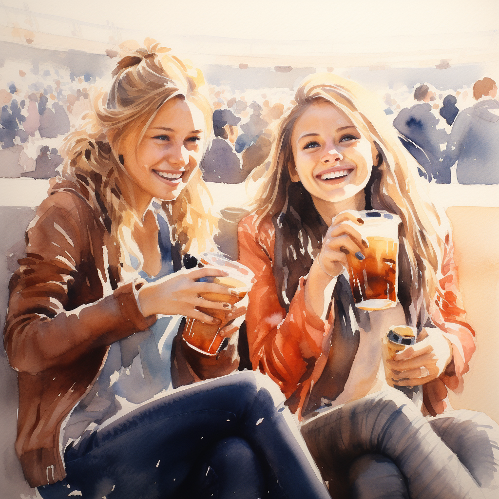 Two women enjoying coffee at a football game