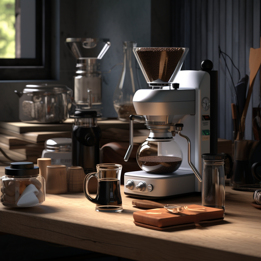 Electric and manual coffee grinder next to espresso machine and brewers