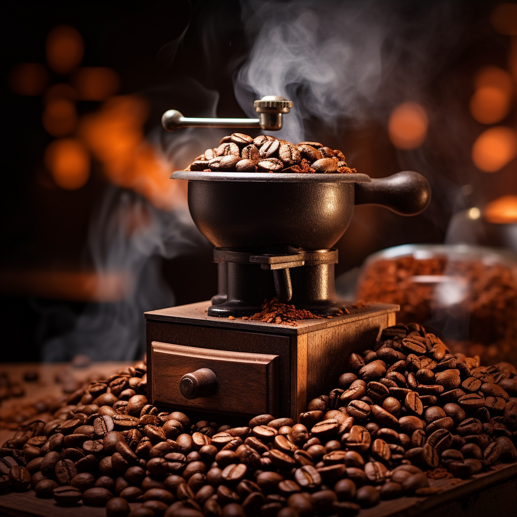 Coffee grinder grinding coffee beans macro