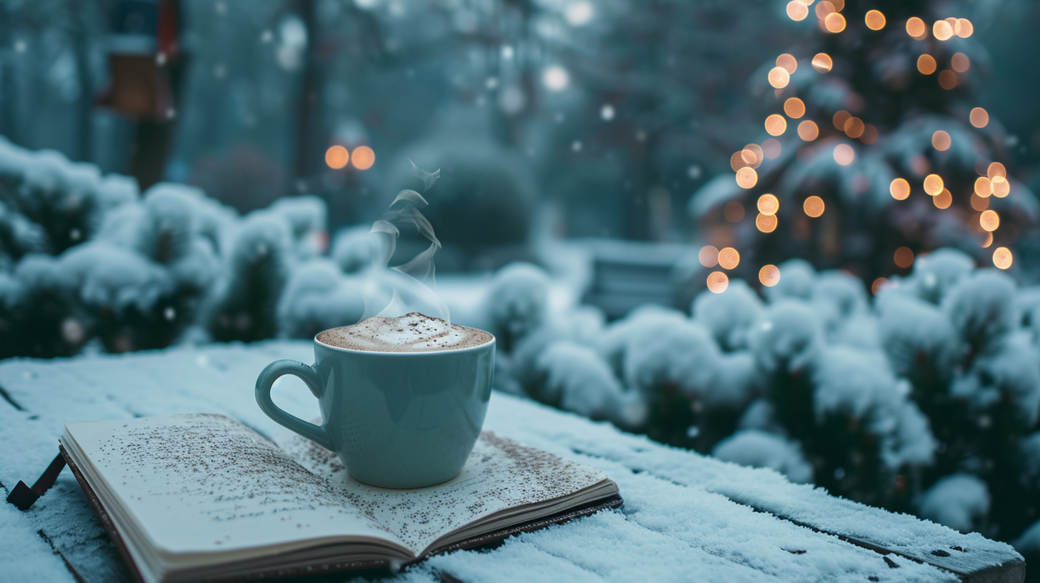 Cup of coffee on snowy forest table