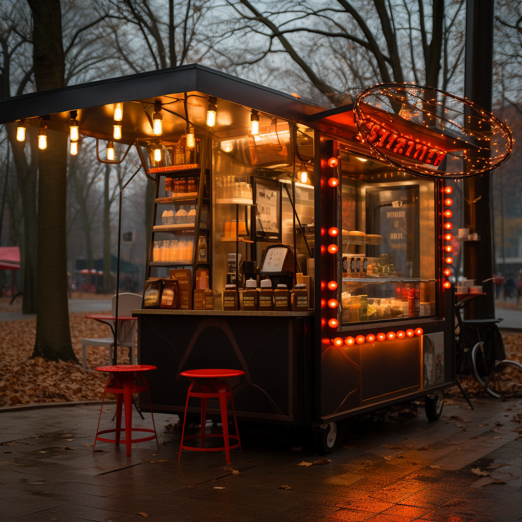 Takeaway coffee point in park with small lamps