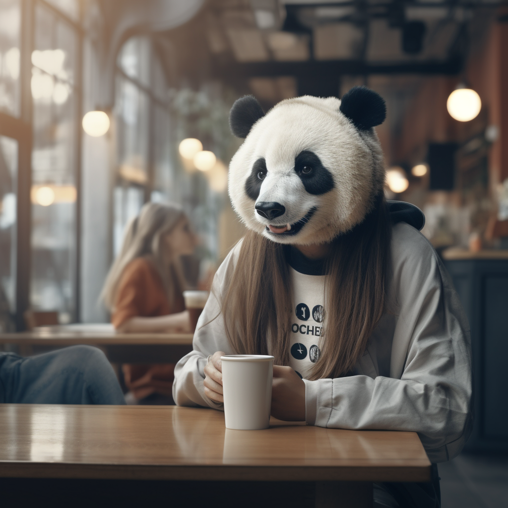 Woman at coffee shop wearing cute panda mask