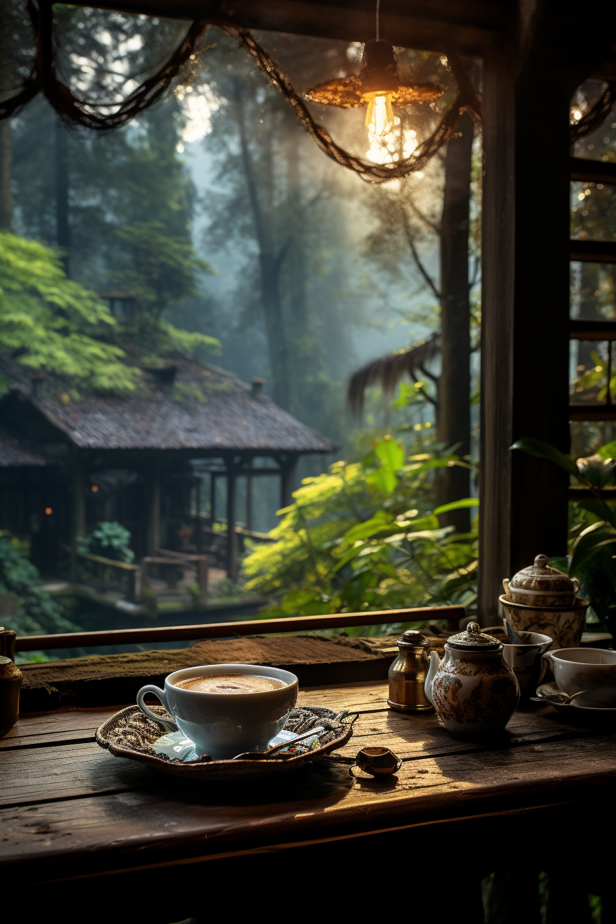 A cup of coffee on a table in a wood elf's house