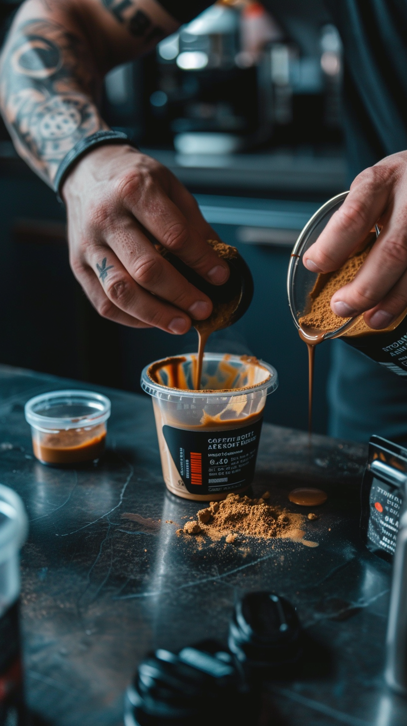 Man pouring coffee testosterone booster on counter