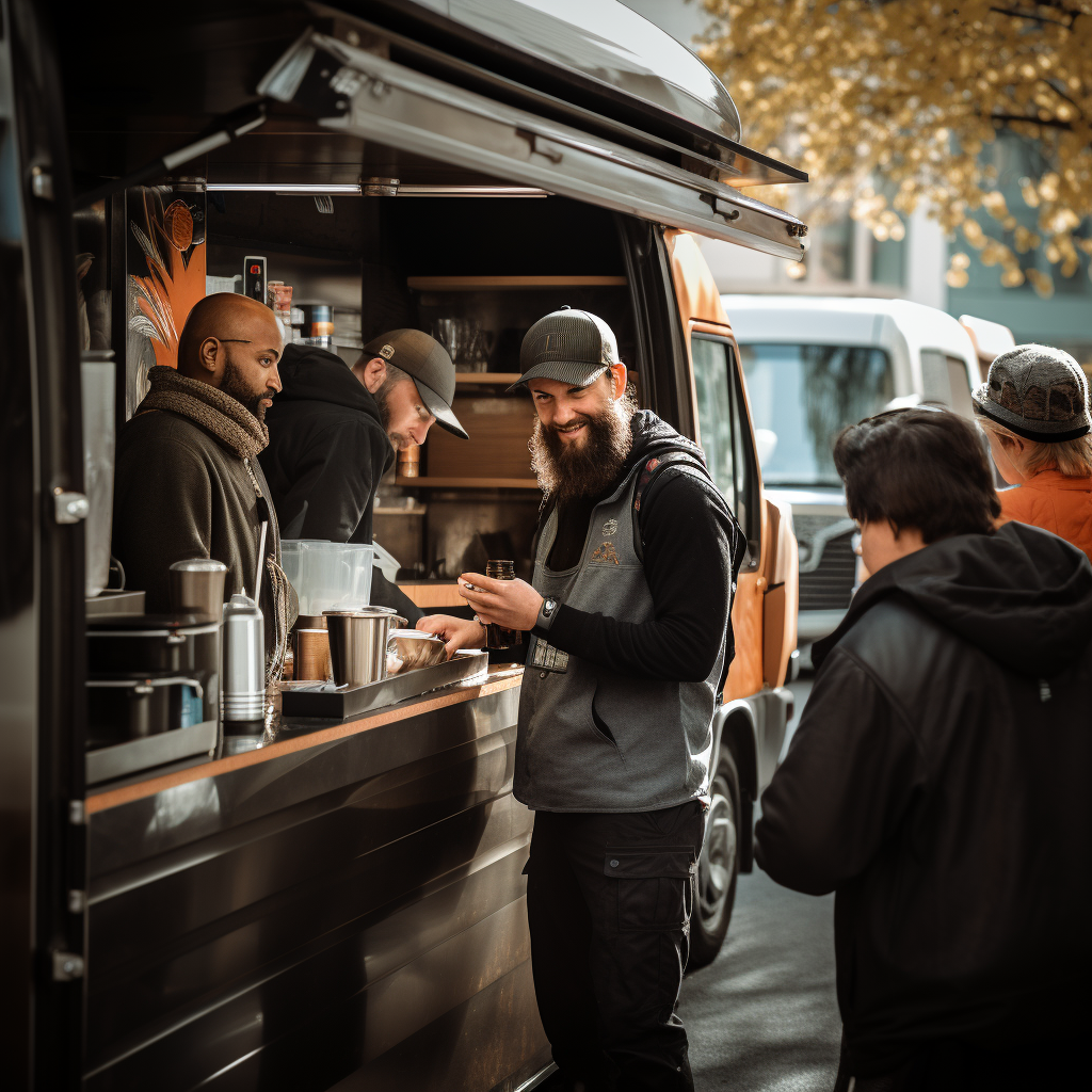 Busy coffee truck with smiling barista serving customers