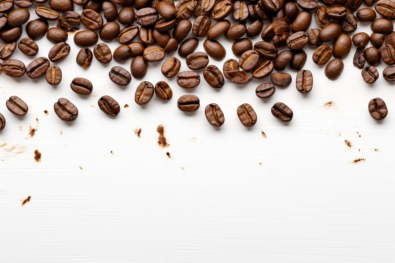 Scattered coffee beans on white background