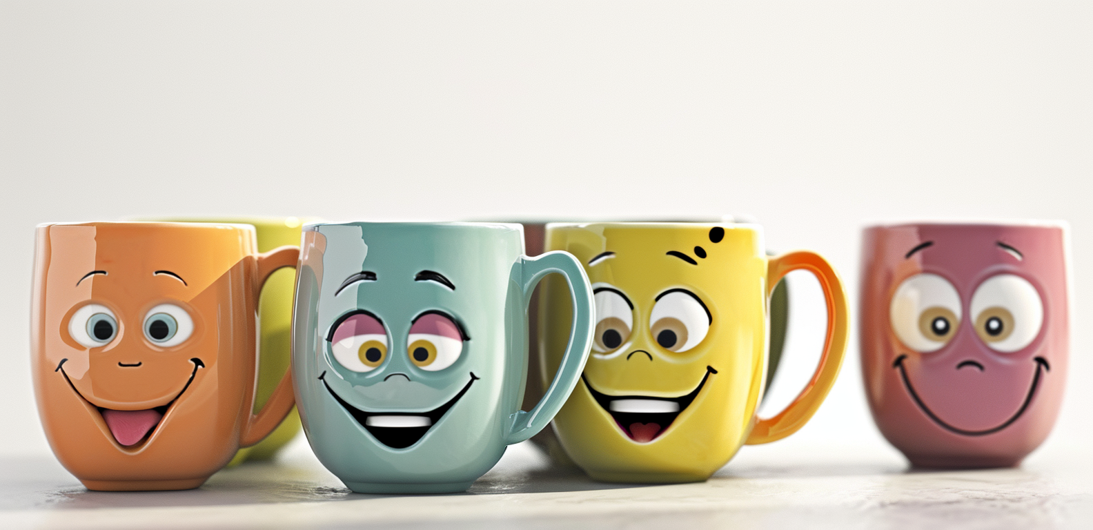 Smiling coffee mug characters on white background