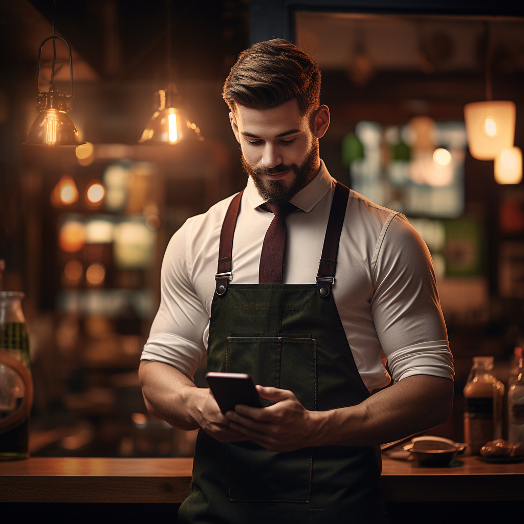 Waiter using smartphone in coffeehouse