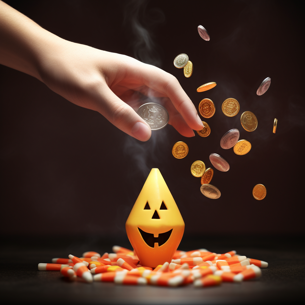 Hand tossing coin with candy corn and crypto symbol