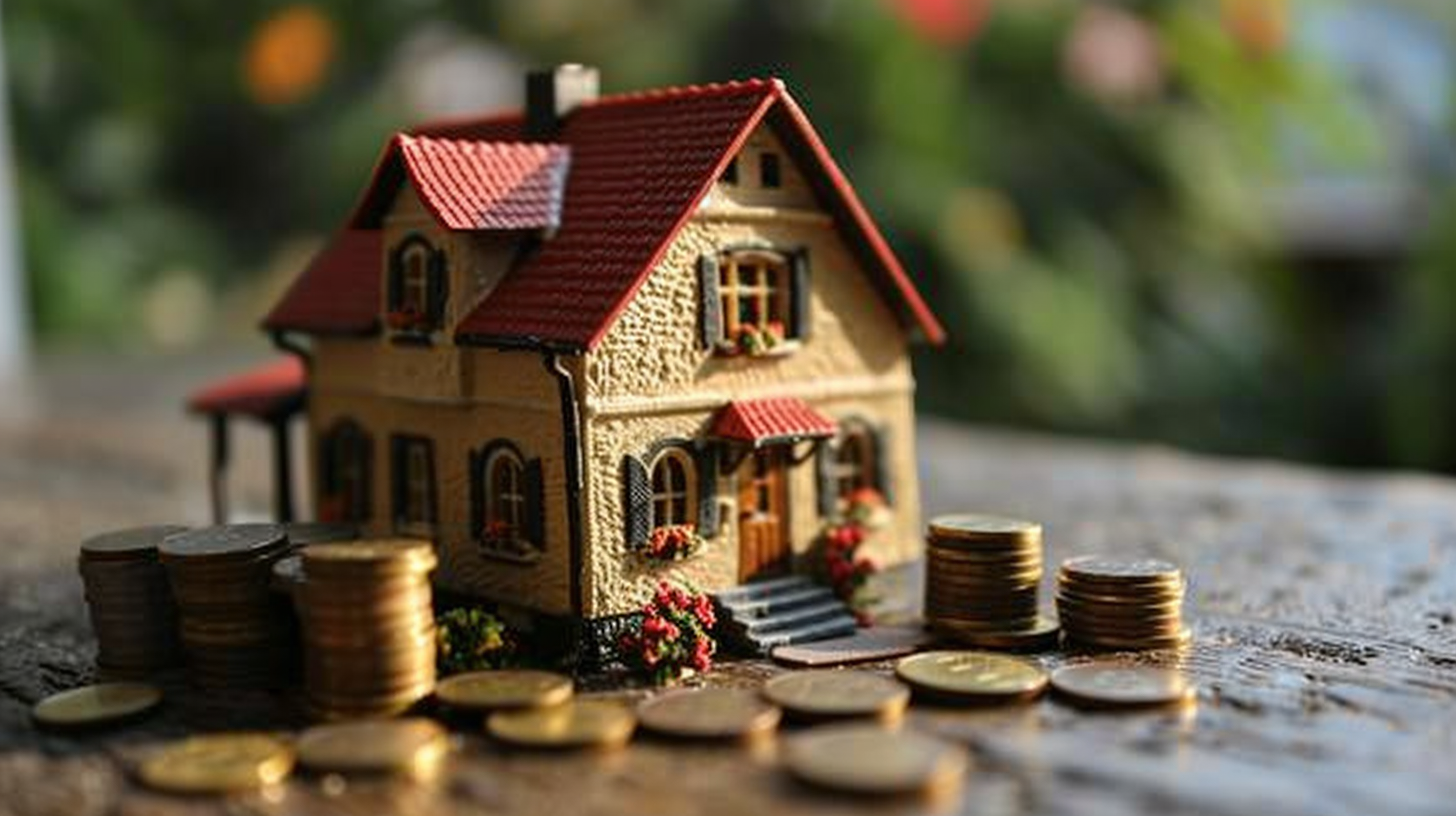 Stack of coins next to toy model house