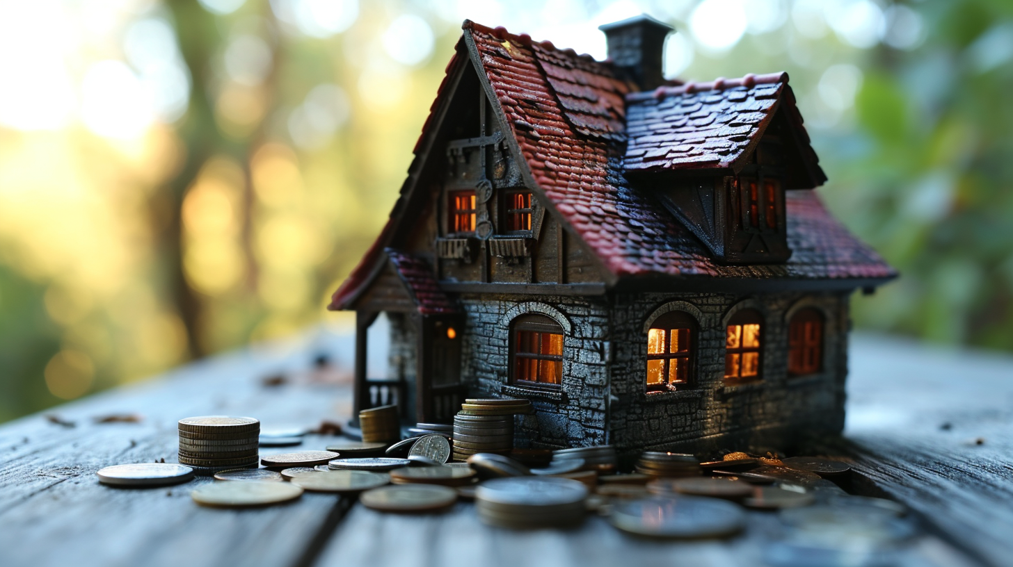 Stack of coins next to a toy model house