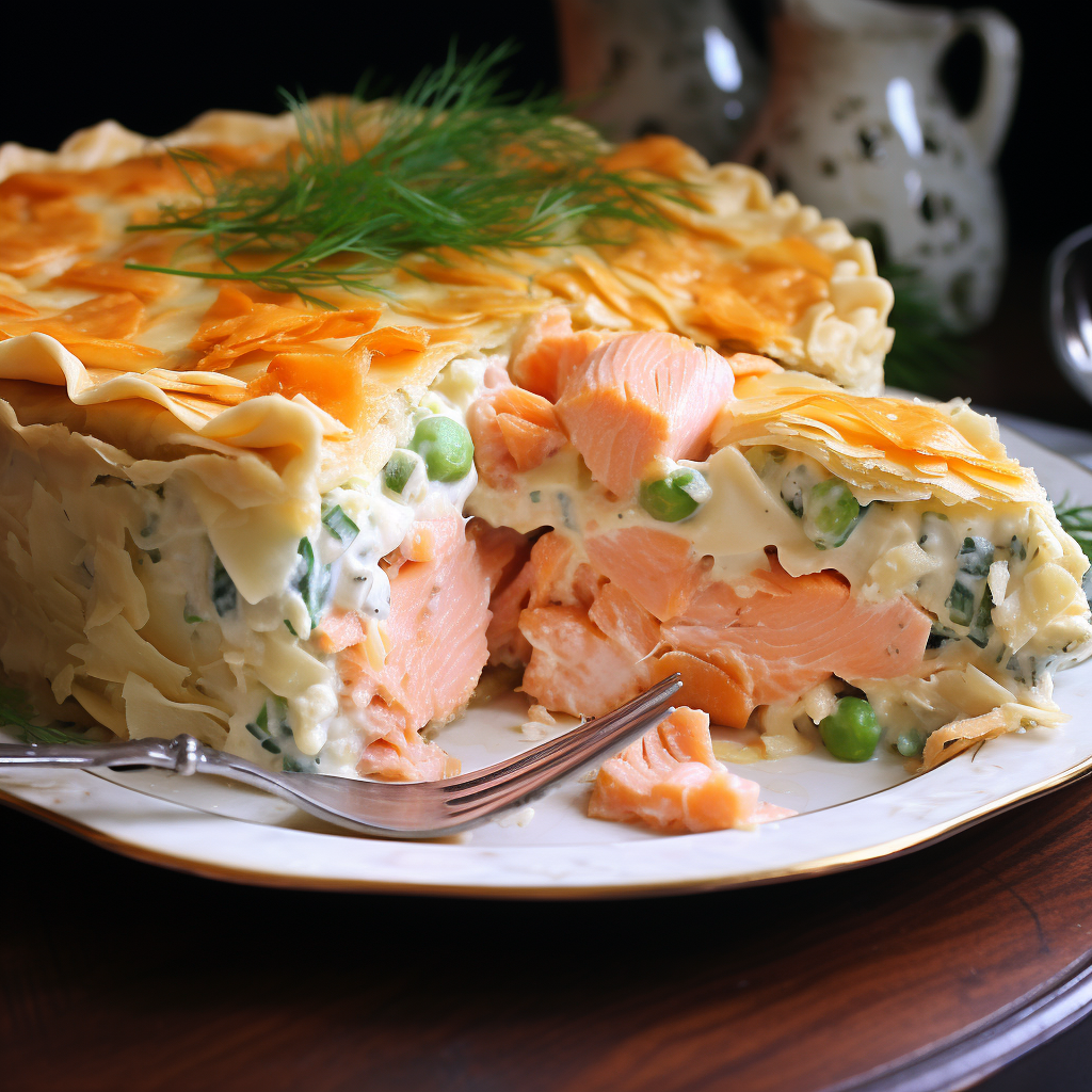 Cold salmon pie topped with fresh herbs