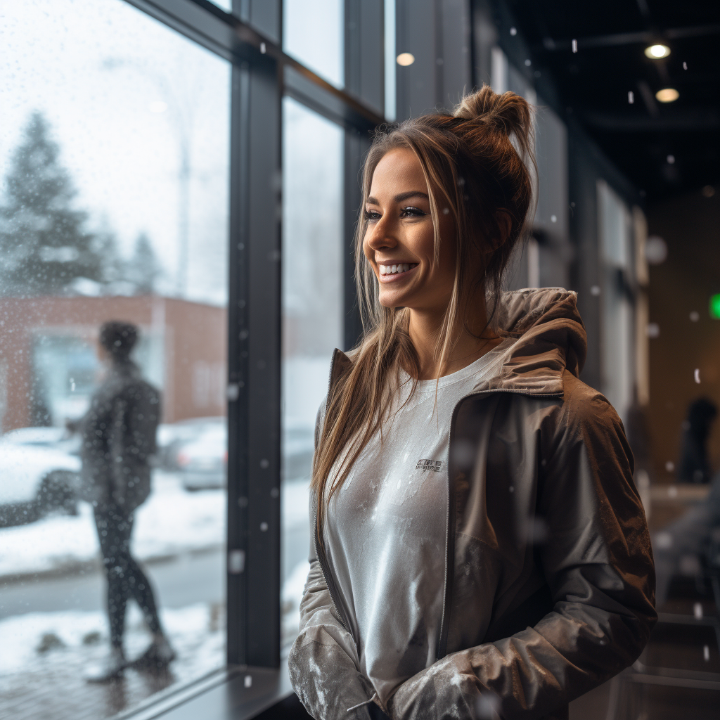 Woman Peering into Fitness Studio Lobby