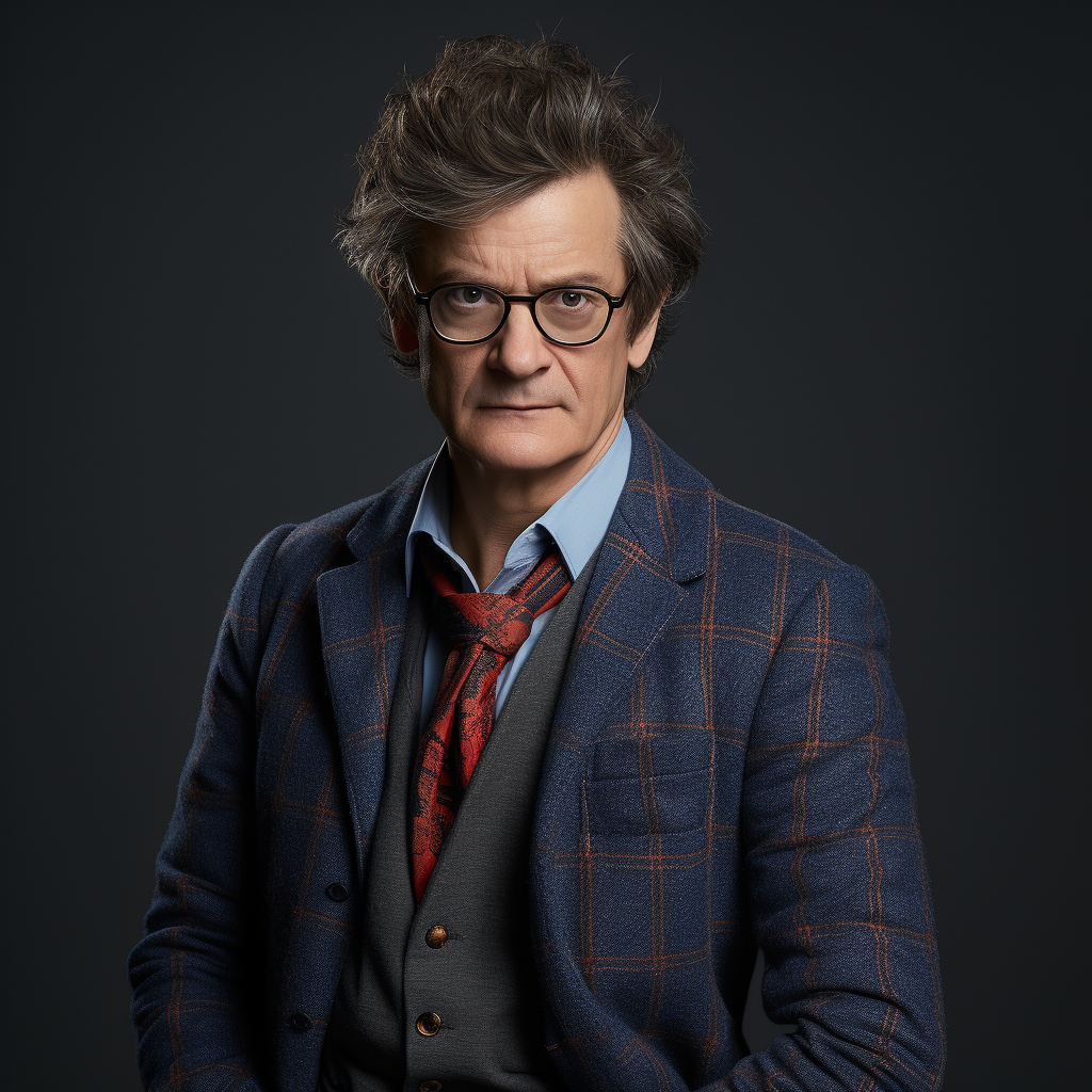 Colin Firth as Spider-Man in funny wig and large gray jacket