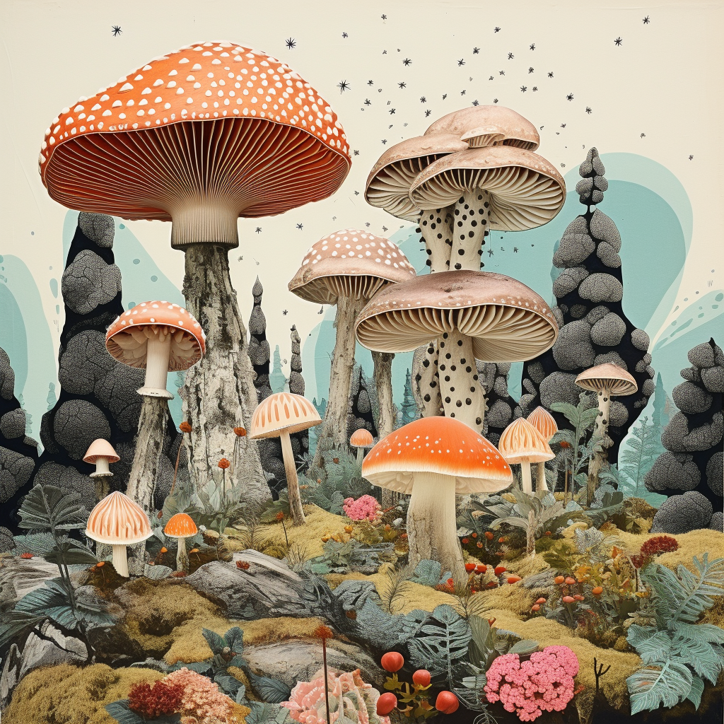 Beautiful collagecore mushrooms in nature