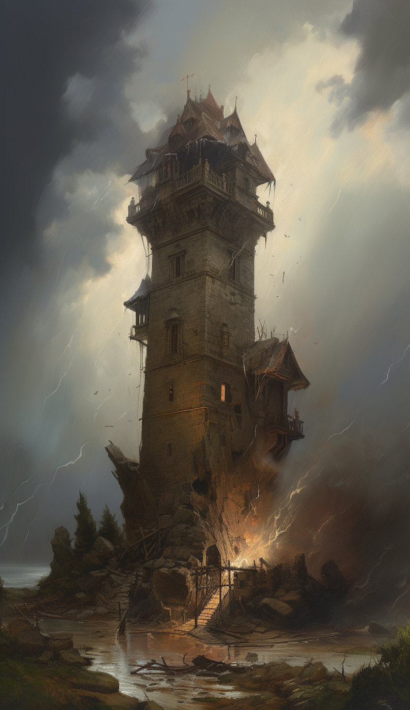 Tower collapsing in thunderstorm