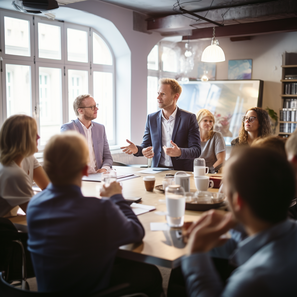 Group of colleagues in business workshop speaking