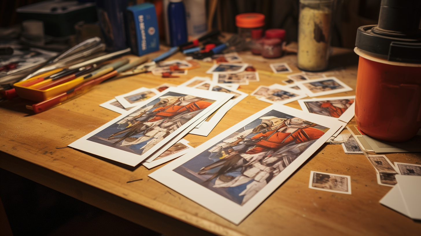 Two identical collectible sports cards on studio table with painting tools