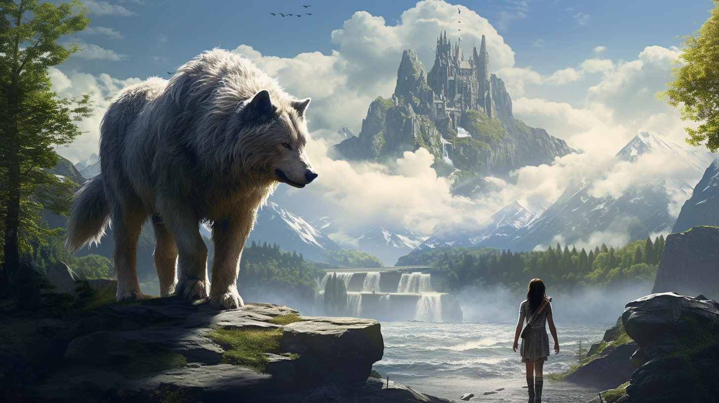 College aged girl and dire wolf in picturesque landscape