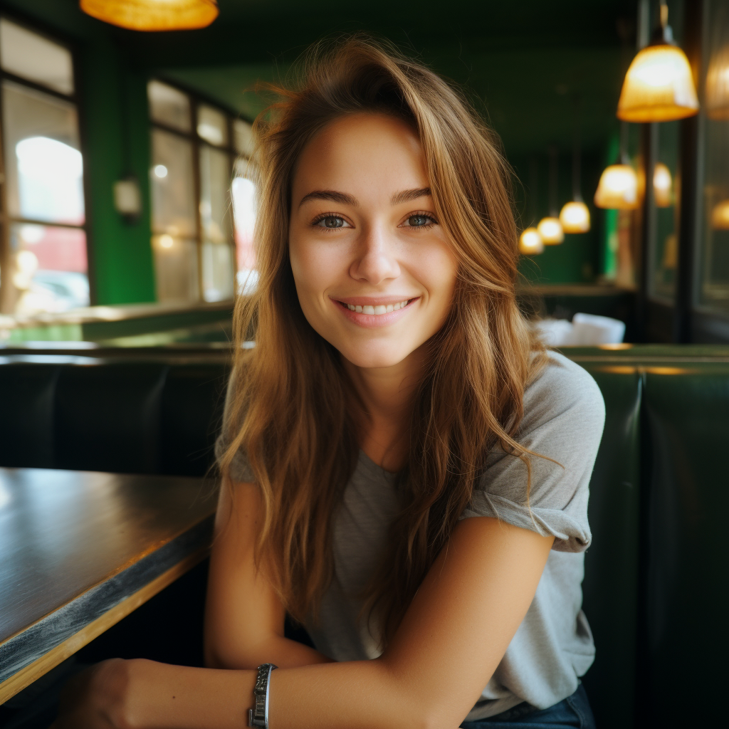 College-aged woman smiling at restaurant