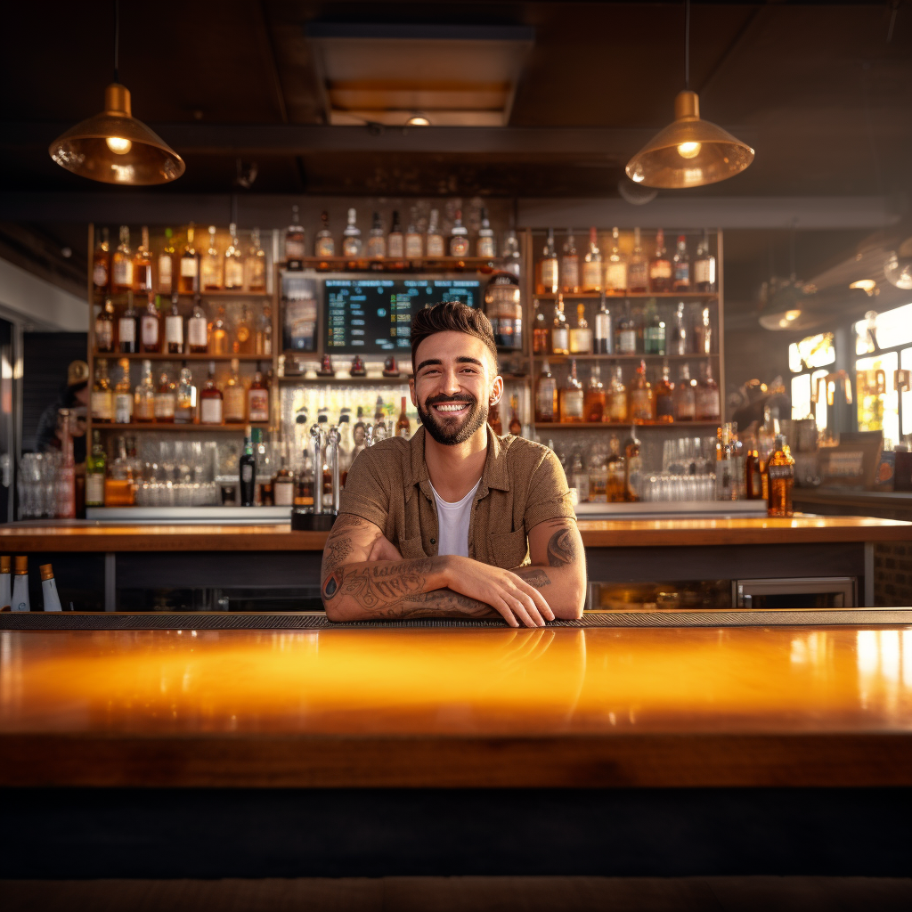 Young bartender serving drinks at a college bar