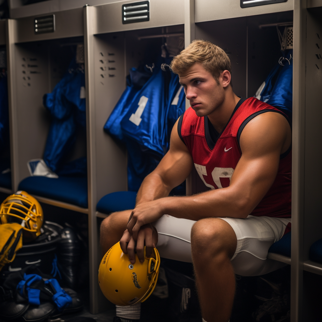 Injured college football player with arm cast