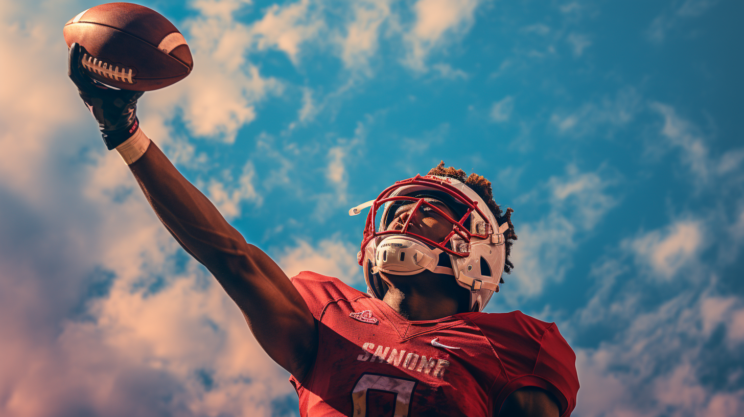 College football players throwing ball in the air