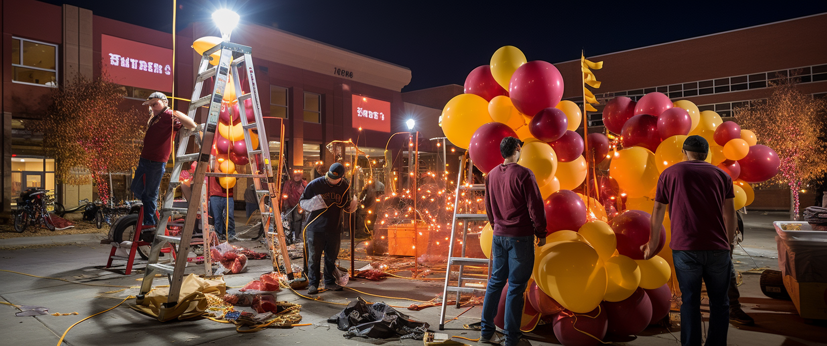 College fraternity students building homecoming float