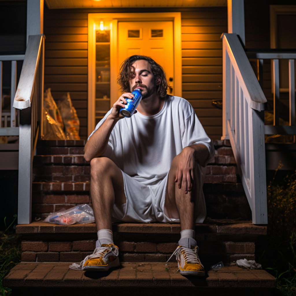 A college guy overwhelmed by drinks on porch