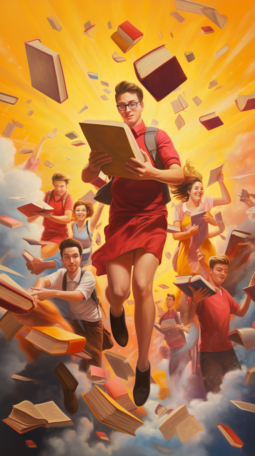 College books flying on red and yellow background