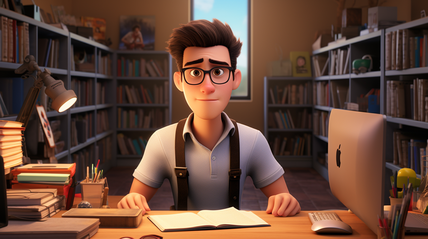 College student motivated and confident in Pixar style