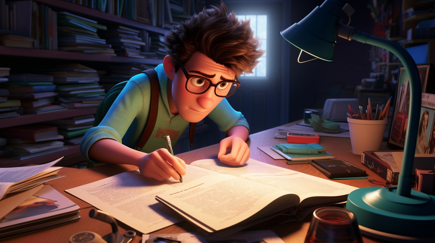 Creative college student writing in Pixar style