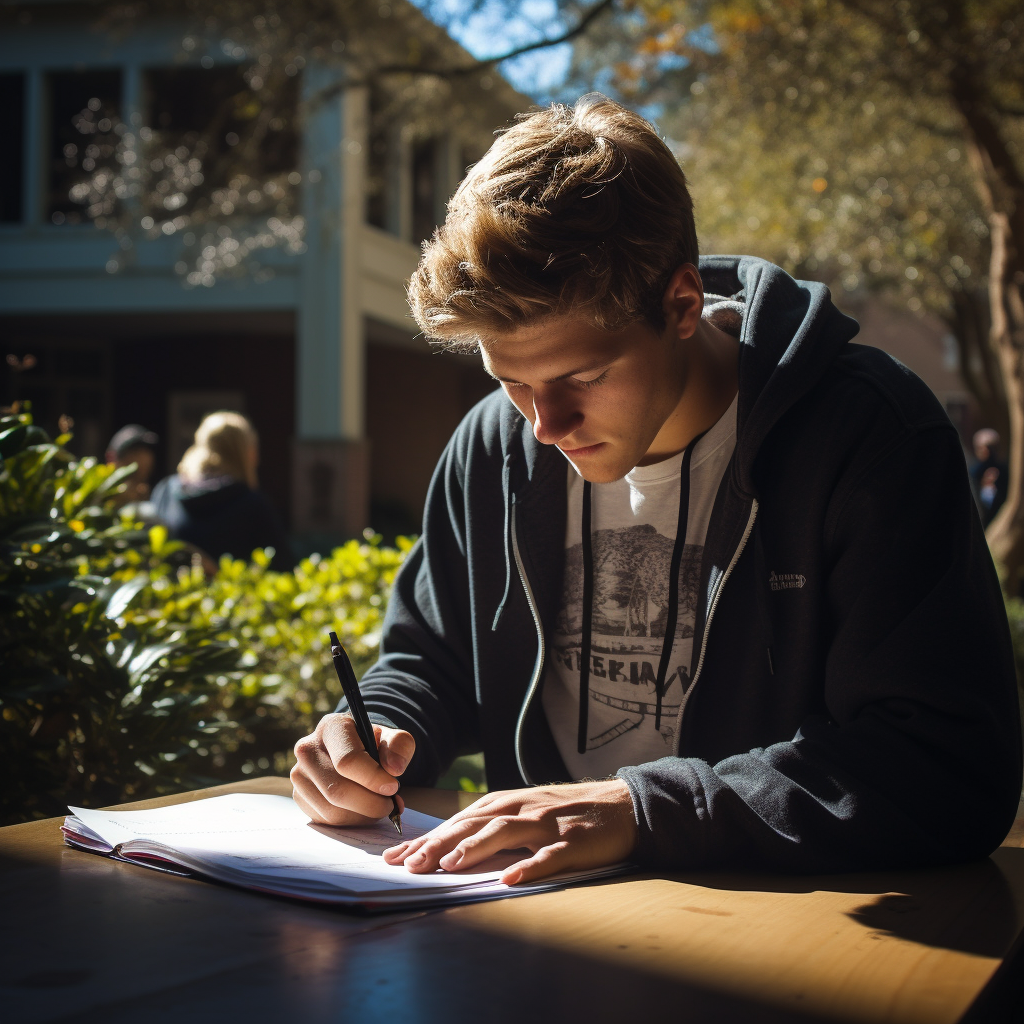 College student writing in library